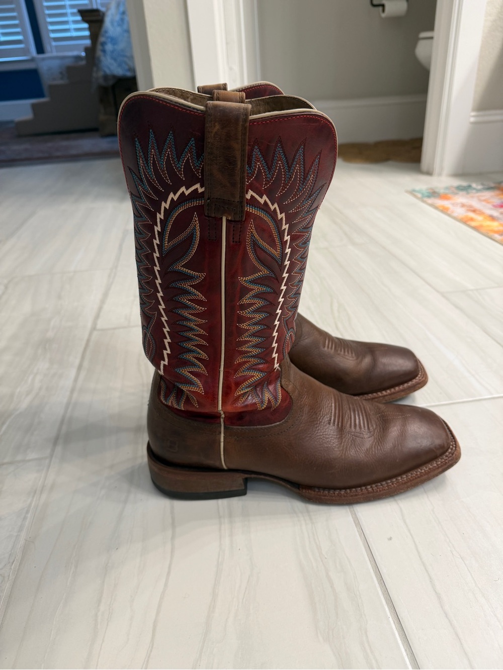 Ariat Brown Leather Cowboy Boots with Red Stitching - Picture 3 of 4